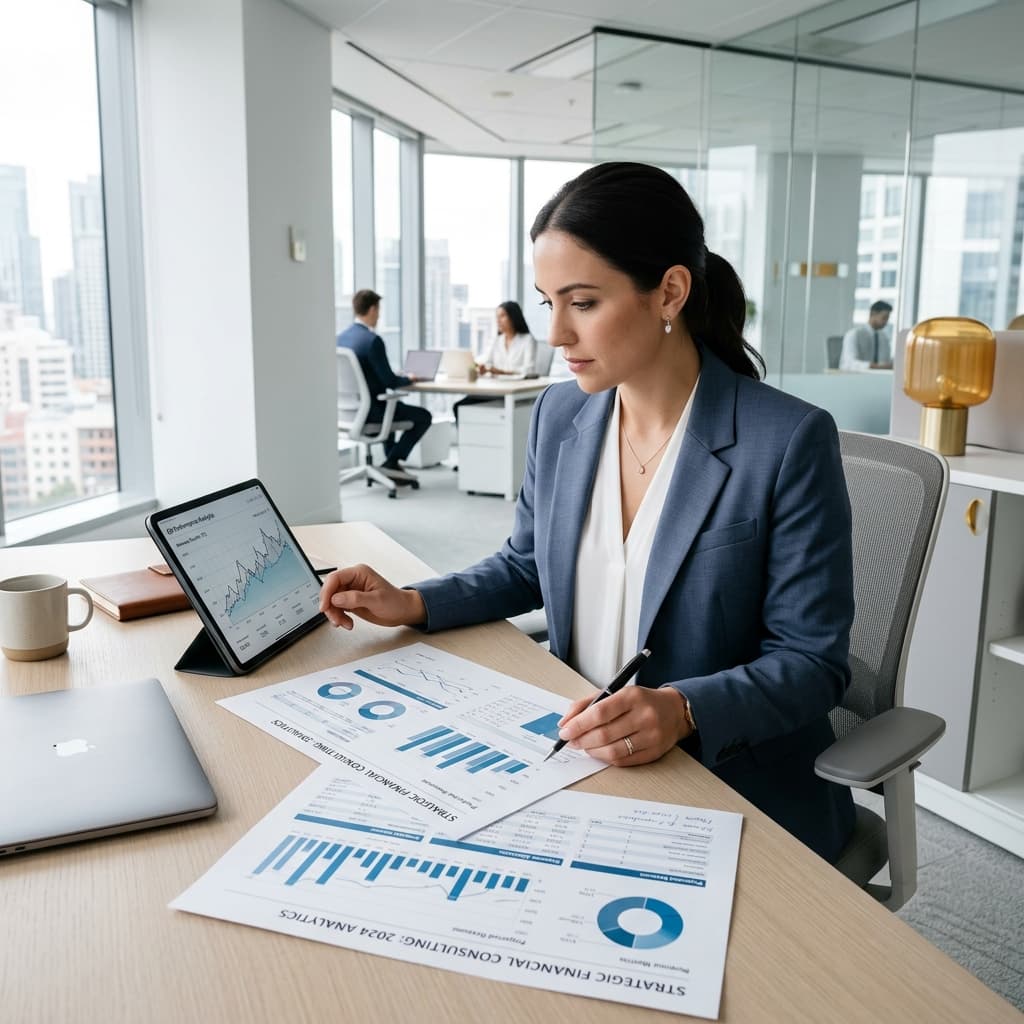 Consultora Financeira analisando gráficos em tablet e relatórios impressos