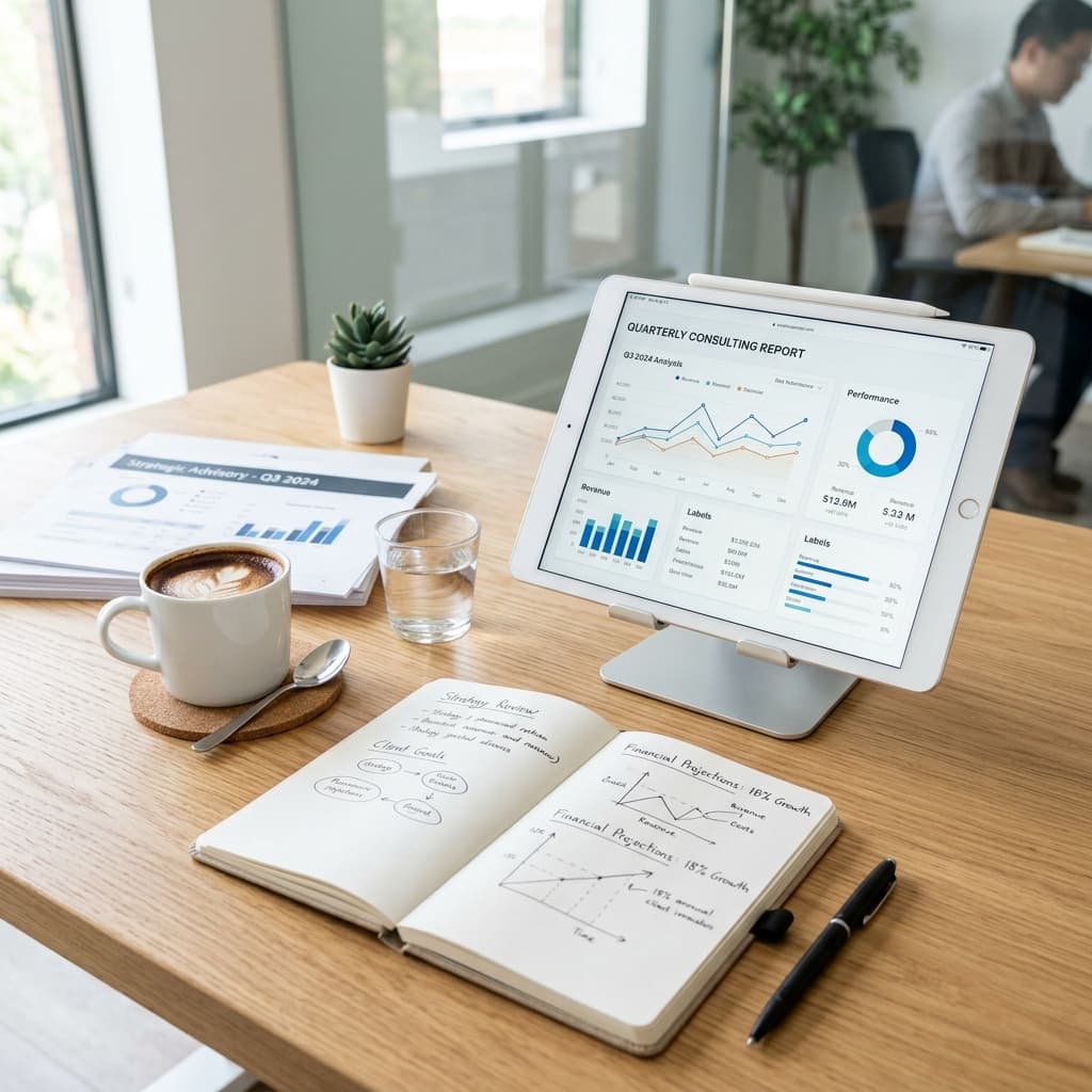 Mesa de escritório com gráficos financeiros